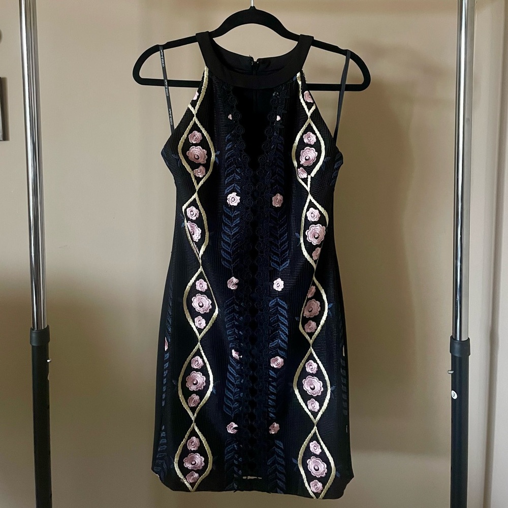 Keyhole Embroidered Black Dress